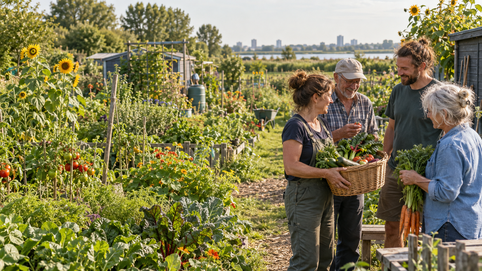 Tuinders delen samen de verse oogst in een groene volkstuin